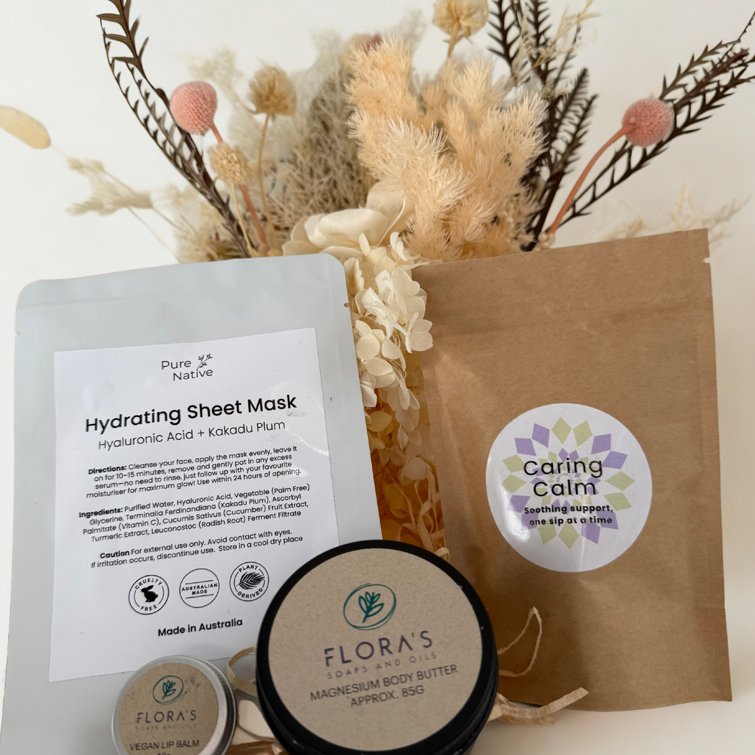 Contents of Australian Cancer Care Box Hydrating sheet mask, Calming herbal tea and moisturisers